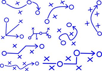 Set of blue line icons showing sports strategy diagrams with arrows, circles, and X marks. Ideal for coaching, game planning, tactics, and sports presentations.