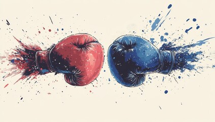 Red and blue boxing gloves colliding with paint splatters.