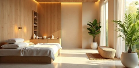 Serene Spa Interior Soft Lighting, Natural Textures, Minimalist Design.  Peaceful Relaxation and Tranquility for Wellness, Beauty, and Self-Care Branding.
