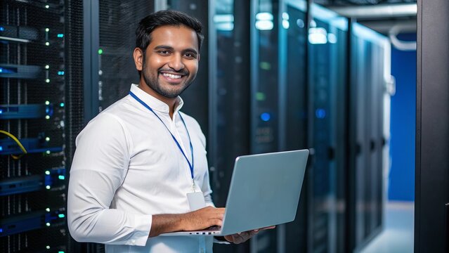 A smiling Indian IT engineer works confidently on a laptop inside a high-tech data center, surrounded by server racks—symbolizing technology, cybersecurity, and modern digital