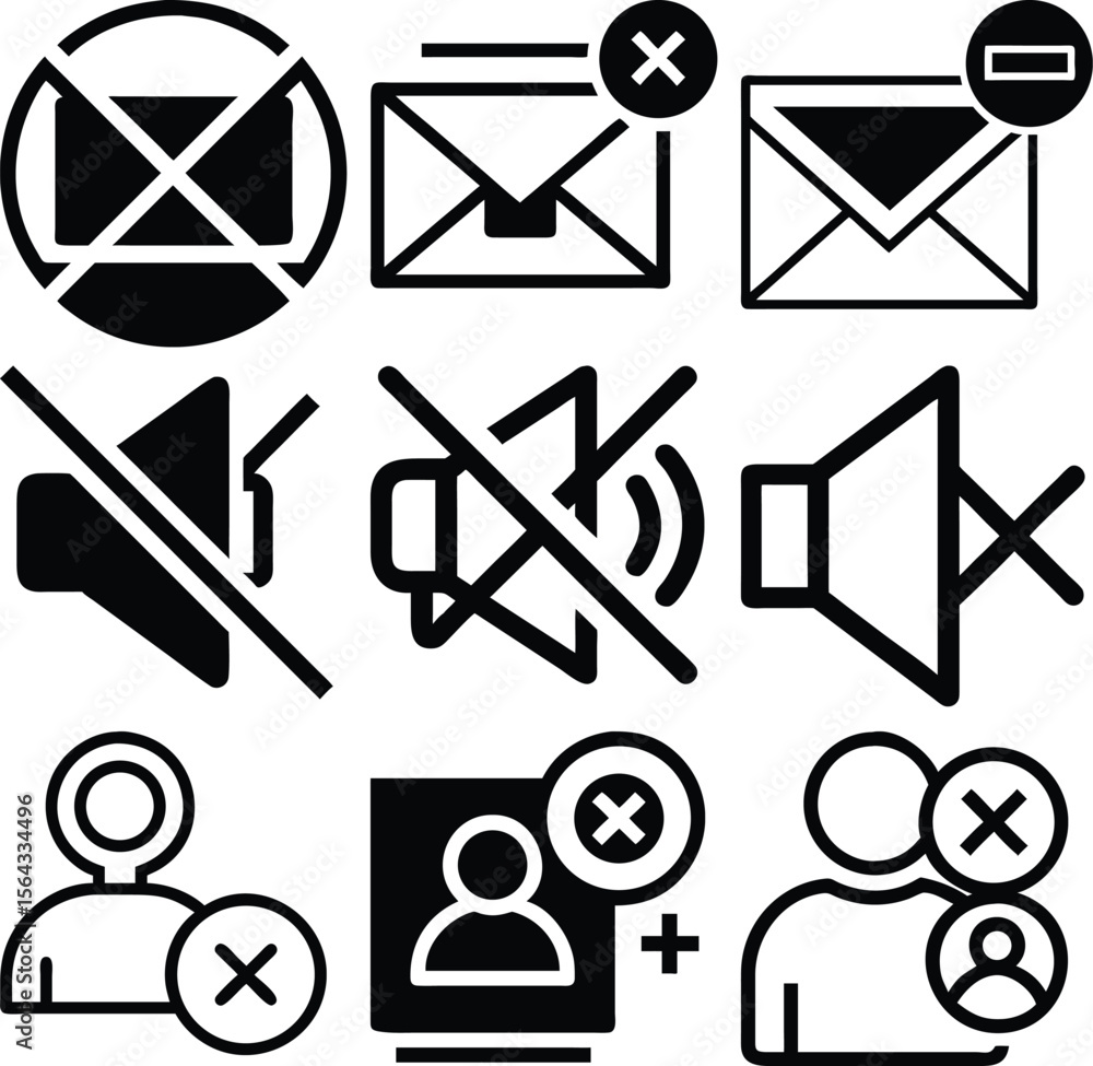 Poster collection of black and white icons representing actions like blocking mail muting sound and removin