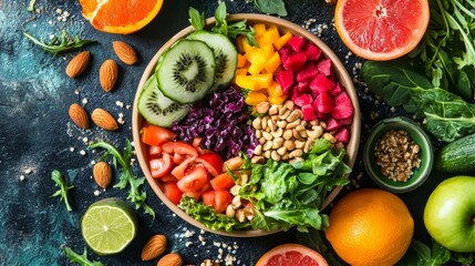Colorful Vegetable and Fruit Salad Bowl with Nuts Overhead Shot