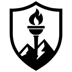 Crest with mountain and torch icon with transparent background symbolizing leadership and journey
