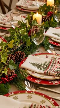Elegant christmas dining table setting with festive holly, pinecones, candles, and dinnerware, a zoom out shot footage.