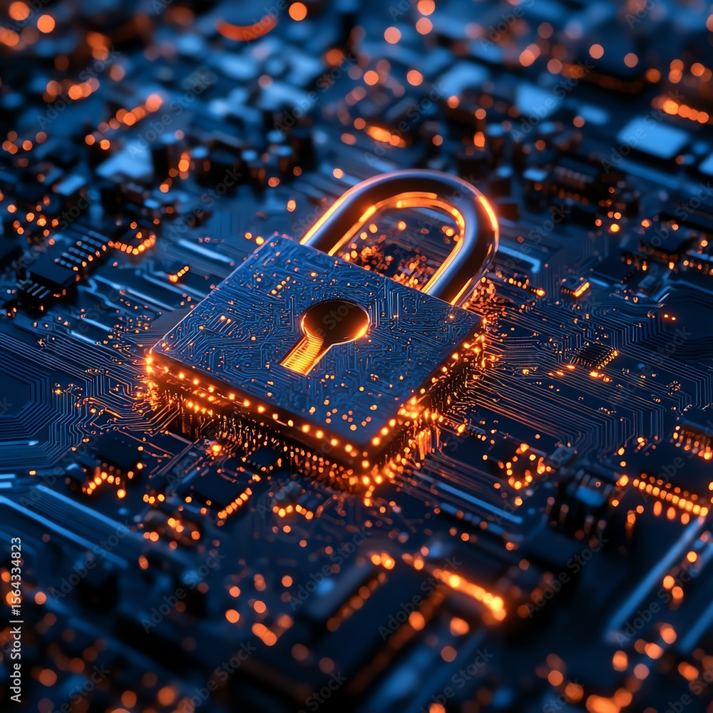 Poster digital artwork features a glowing padlock on a circuit board, signifying the importance of cybersec