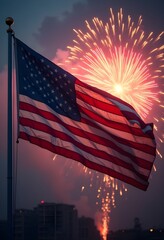 American Flag Waving Against a Backdrop of Exploding Fireworks