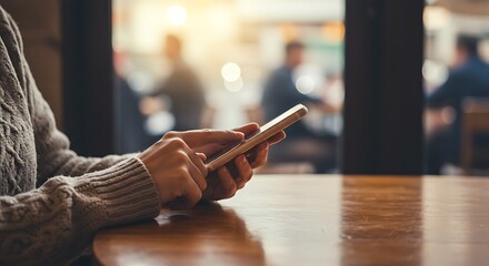 Woman using smartphone at cafe, close-up view of hands