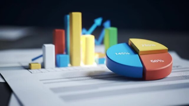 Growth-oriented business finance concept with 3D bar graph, chart, and data report on a laptop, tablet, or mobile device, illustrating market success with arrows and moneyGrowth-oriented business fina