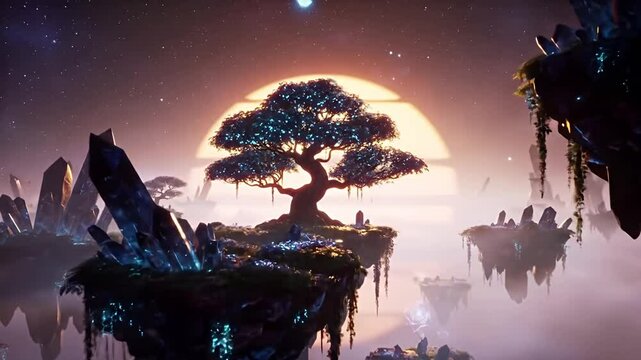 A dreamlike journey through floating islands evokes golden hour serenity