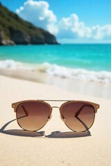 Stylish Sunglasses Resting on Pristine Sandy Beach, Ocean Waves Gently Crashing in Background ? Perfect Summer Vacation Imagery, Travel and Relaxation