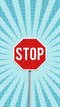 Animation of road sign and shapes on blue background