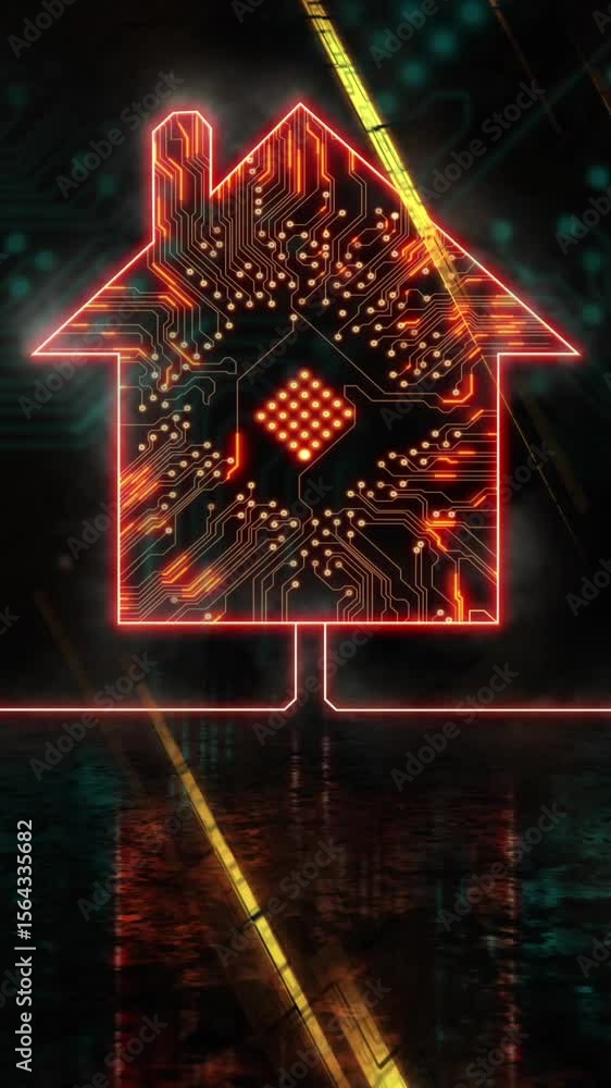 Poster animation of light trails over house icon with computer circuit board on black background