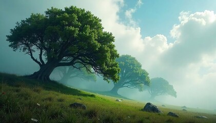 Windswept Trees Ethereal Forest Scene of Majestic, Brown Trees Bending Dramatically in a Powerful Gust of Wind, Evoking Natures Raw Power and Serene Beauty