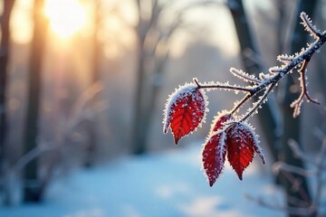 Frosted Winter Leaves Sunlight Illuminates Icy Branches in the Peaceful Stillness of a February Morning