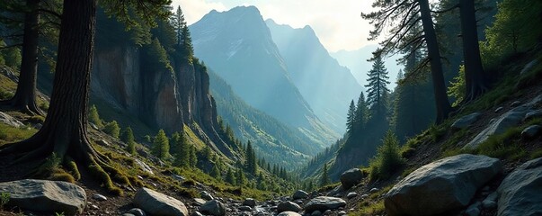 Sun-dappled Rocky Mountain Wilderness Ancient Trees and Shadowy Slopes Reveal Untamed Natures Majesty