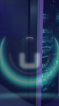 Animation of neon circle with battery over servers