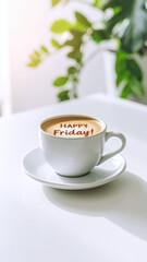 Latte with 'Happy Friday' text in white cup, tropical style and plant shadow