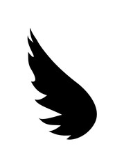 A stylized single black wing, elegantly curved, suggesting freedom and flight.