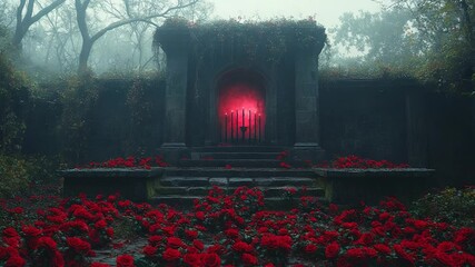 Mysterious red doorway in ancient ruin