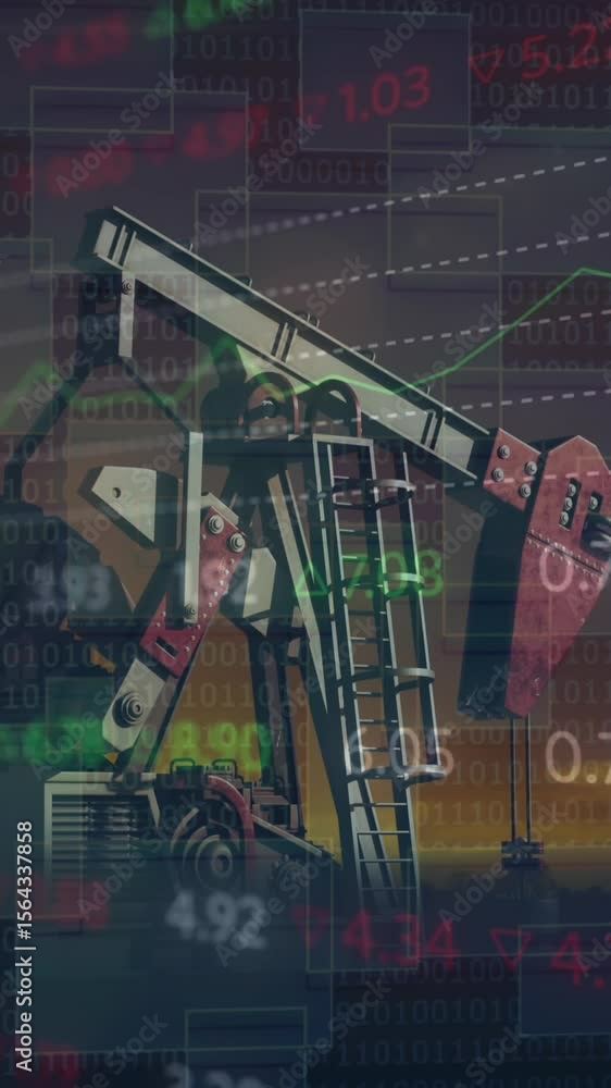 Poster Animation of financial data processing with graph over pumpjack on black background