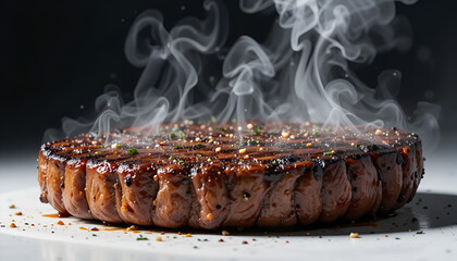 Sizzling grilled steak, perfectly cooked, aromatic steam rising, seasoned with herbs, juicy, tender, dark background, culinary delight, mouthwatering, gourmet, fresh, hot, savory, delicious, flavorful
