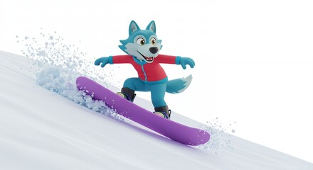 Animated wolf character snowboarding on snowy slope