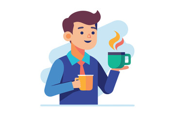 Cheerful Man Enjoying Hot Beverages in the Office Illustration