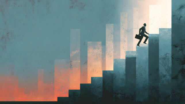 A businessman in silhouette climbing stairs towards a bright light with a briefcase in hand - Powered by Adobe