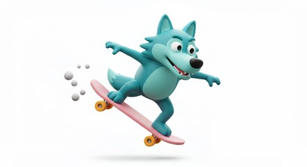 Cartoon wolf character skateboarding digital illustration