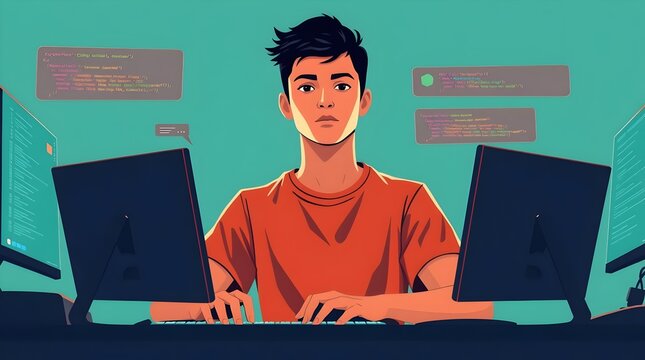 Flat Vector Illustration of Young Programmer Coding on Laptop with Code Interface

