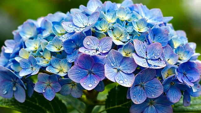 Close-up view of vibrant blue hydrangea flowers with raindrops on petals in a lush garden