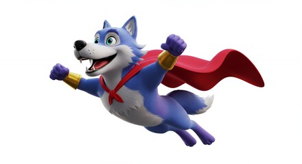 Flying cartoon wolf character in flight