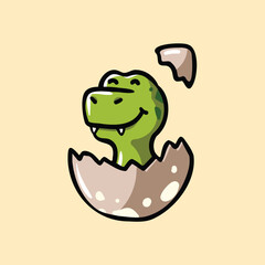 Cartoon vector illustration of dinosaurs Tyrannosaurus rex hatching from the eggs. Colorful cute funny baby prehistoric animal