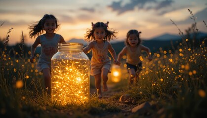 Three Little Girls Chasing Fireflies at Sunset