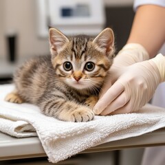 a small tabby kitten nervously resting on a towel-covered vet table, vets gloved hands are checking its paw