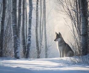 Lone wolf pup lost in snowy birch woods, cold winter light, quiet and emotional scene