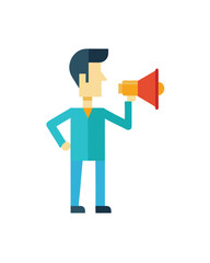 Flat Vector Illustration of a Man with a Megaphone for Announcements