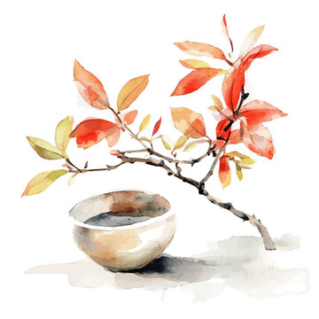 My Watercolor illustration with tamari branch and bowl painting isolated on a white background, illustration, AI painting design, vector set, eps format, My illustration design