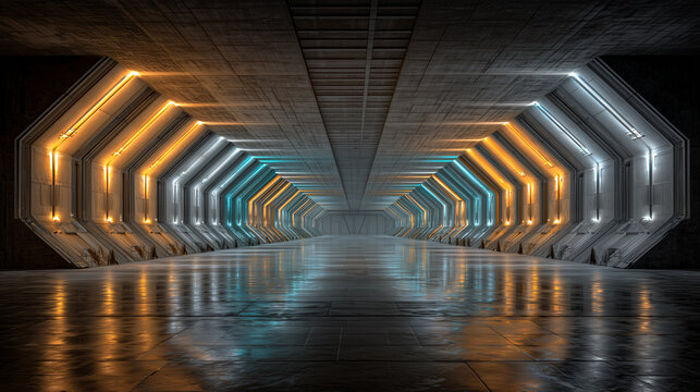 Abstract Tunnel with Glowing Neon Lights Creating a Futuristic Perspective