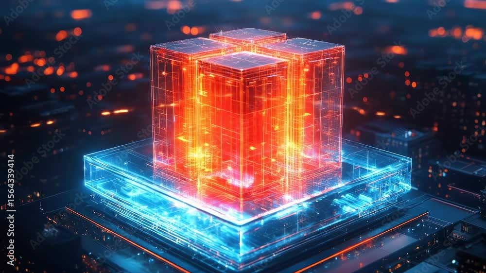 Poster luminous cubes glow atop abstract circuits
