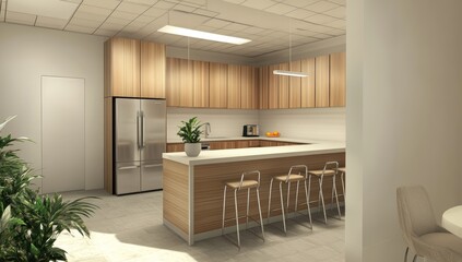 Modern office kitchen area with breakfast bar, natural light, and plants