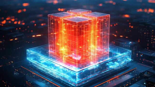 Luminous cubes glow atop abstract circuits