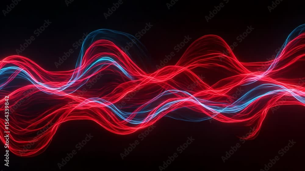 Poster vibrant red and blue waves of energy flow across a dark background, creating a dynamic and abstract 