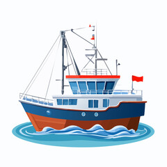 Obraz premium Colorful illustration of a fishing vessel on calm water.