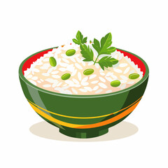 A vibrant illustration of a green bowl filled with cooked rice, garnished with green peas and parsley.