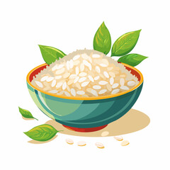 A bowl filled with cooked rice, garnished with fresh green leaves.