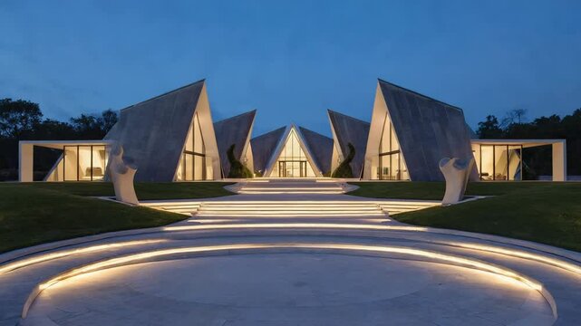 Futuristic architectural complex with sharp triangular rooftops and minimalistic lighting, modern exterior design concept showcasing innovation and elegance