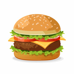 A cartoon illustration of a classic cheeseburger with sesame seed bun, patty, cheese, lettuce, and tomato.