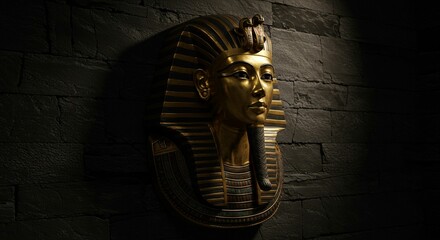 Golden egyptian pharaoh mask on brick wall