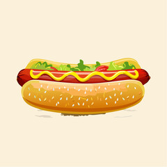 A delicious hot dog, topped with mustard, lettuce, and tomato, sits ready to eat.